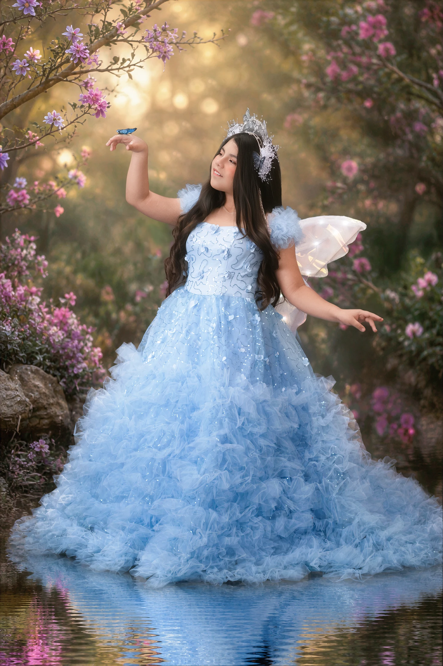 Renata con su corona y una mariposa en el jardín de su cuento